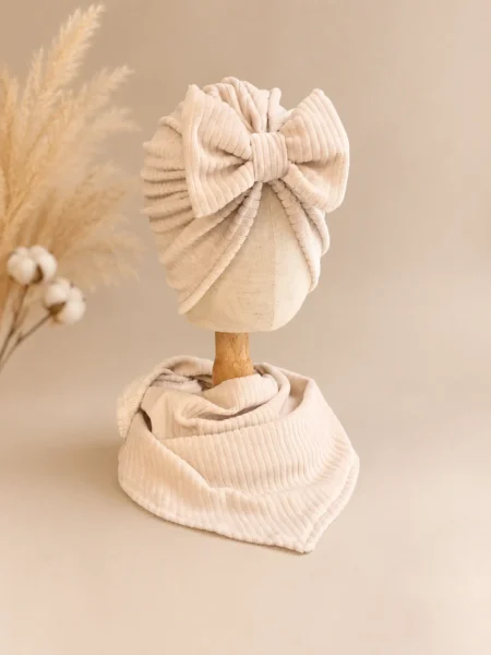 Komplet prążek welur turban z kokardą i chusta (moonbeam)