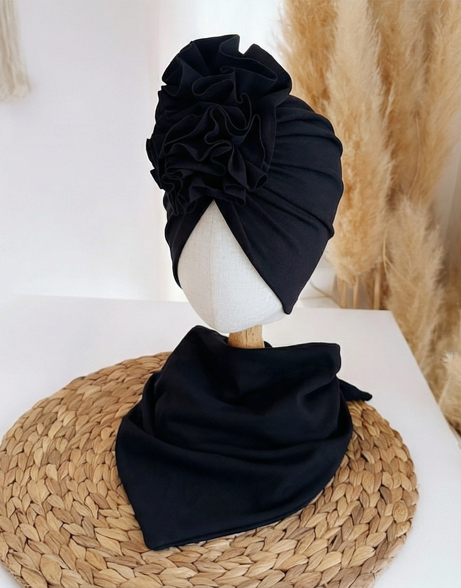 Komplet turban z falbaną i chusta (czarny)