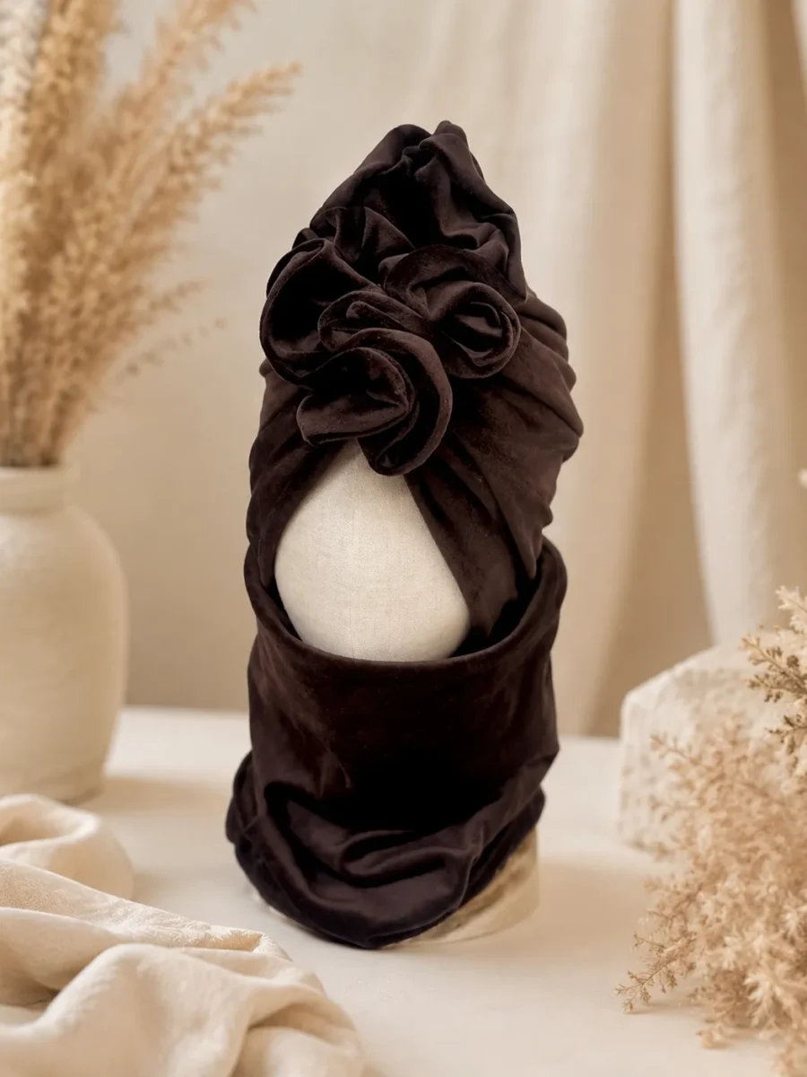 Komplet welurowy turban i komin (brąz)