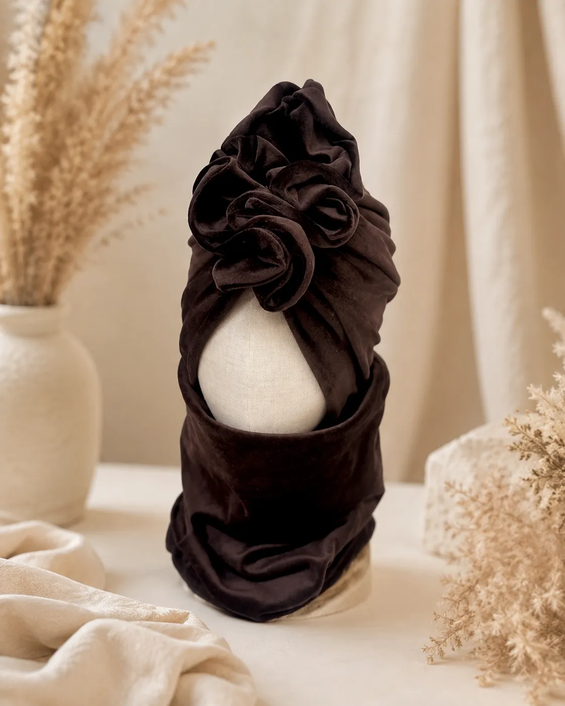 Komplet welurowy turban i komin (brąz)