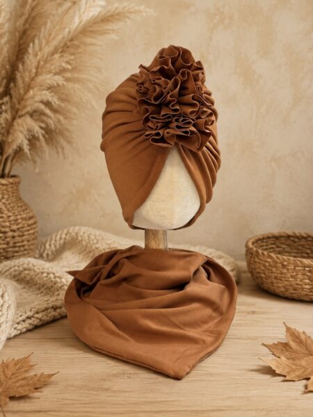Komplet turban z falbaną i chusta (cynamon)