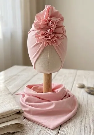 Komplet turban z falbaną i chusta (jasny róż)