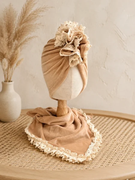 Komplet welurowy turban i chusta (karmel)