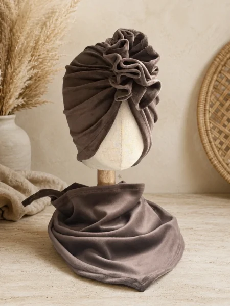 Komplet welurowy turban i chusta (mocca)