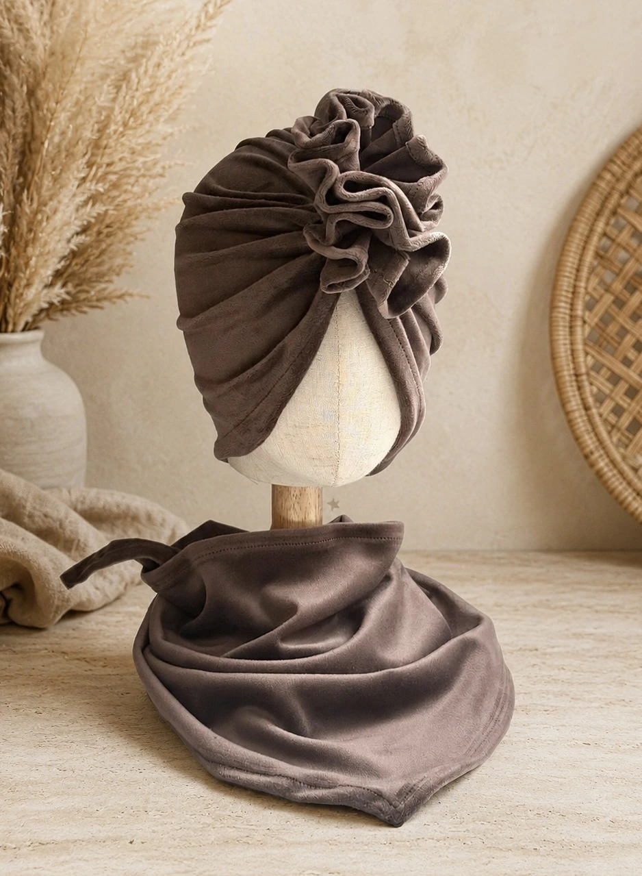 Komplet welurowy turban i chusta (mocca)